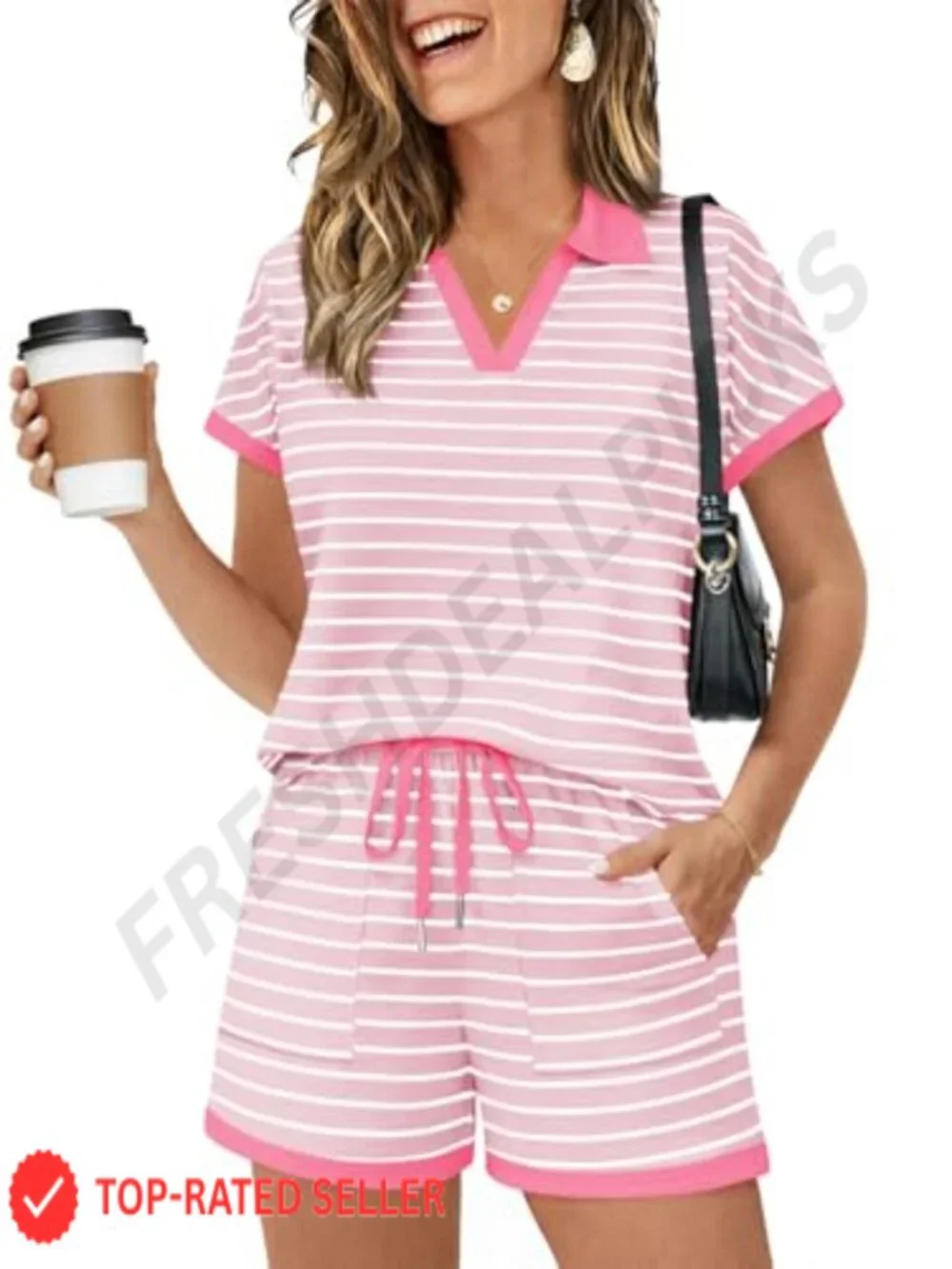 Women's 2 Piece Short Set - Striped Summer Lounge Set with Drawstring Shorts